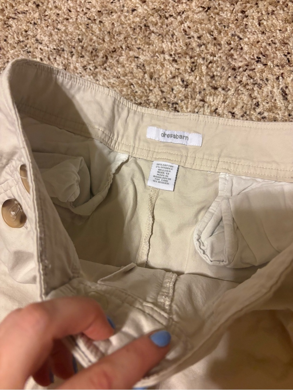 dressbarn Cream Cropped Button-Accent Cotton Blend Khaki Capris - Picture 2 of 3